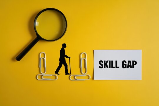 Skill gap concept with a man with a cane and magnifying glass on yellow background