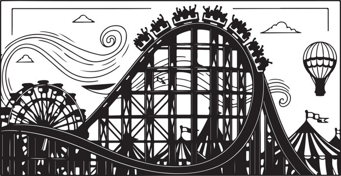A minimalistic black and white illustration of a looping roller coaster design