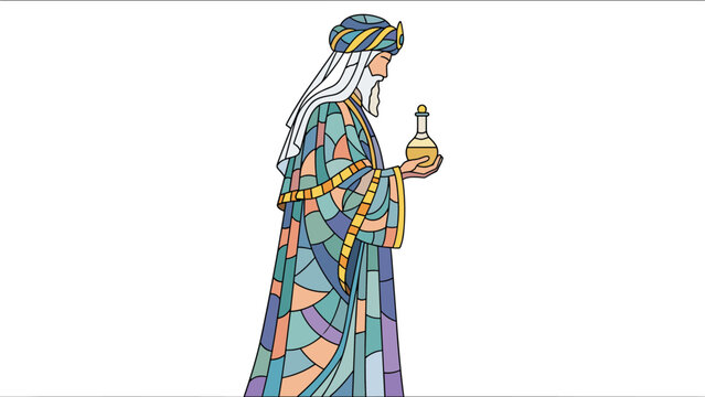 Artistic stained glass style illustration of a wise man or king wearing ornate colorful robes and a turban while carrying a jar as a gift.
