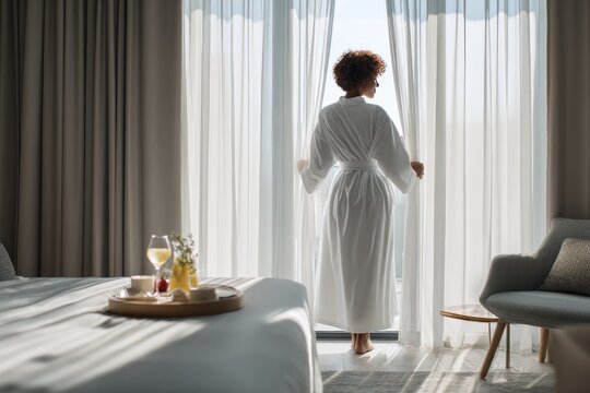 A woman in a white robe stands looking out a large window from a luxurious hotel room, enjoying a moment of peaceful contemplation.