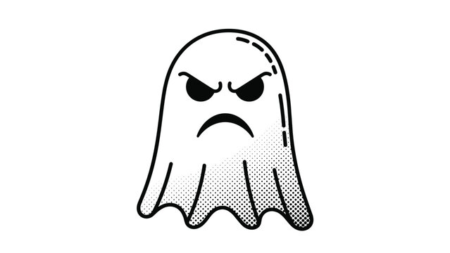 Grumpy or angry white cartoon ghost character with black eyes and a frowny mouth in a simple graphic style with halftone shading.
