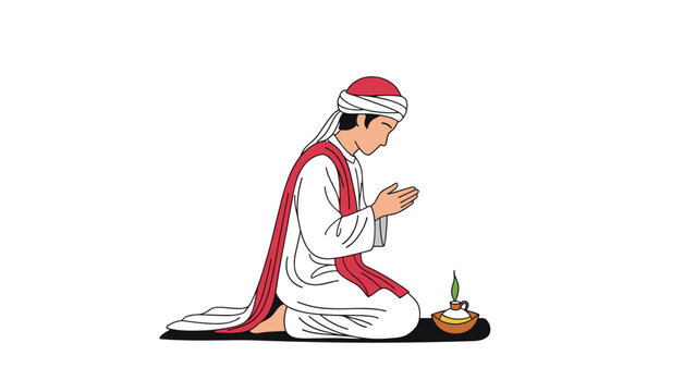 Man wearing traditional white and red robes kneels in prayer beside a small burning bowl on a plain white background.