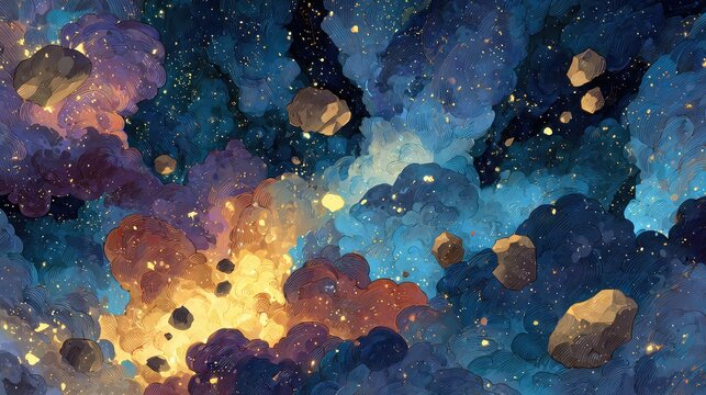 Vibrant Cosmic Nebula with Asteroids and Stars.