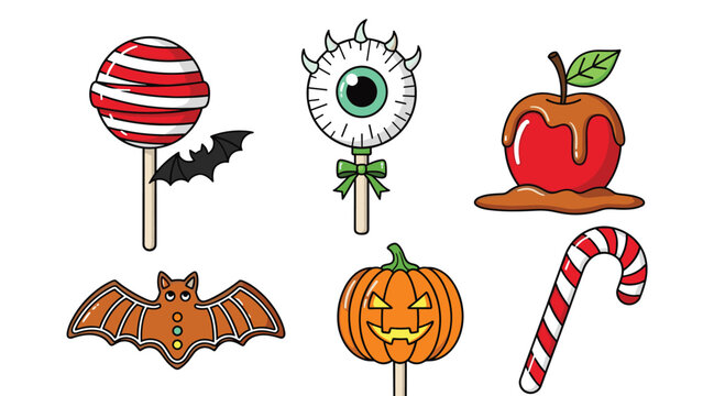 Selection of halloween themed treats including a bat lollipop, eyeball sucker, caramel apple, gingerbread bat, pumpkin, and candy cane.