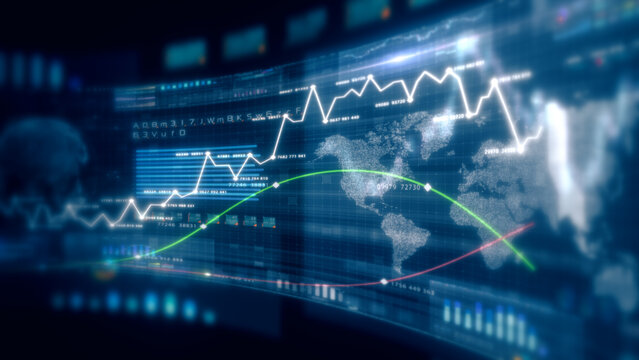 Futuristic global financial data visualization, world map and digital globe with candlestick chart, stock trading analytics, forex market dashboard, fintech infographic, big data interface