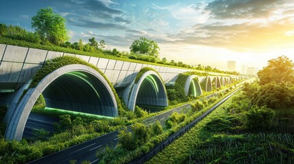 Fototapeta premium A futuristic highway tunnel is covered in lush greenery. The concrete structure features multiple arched openings, illuminated with green lights.