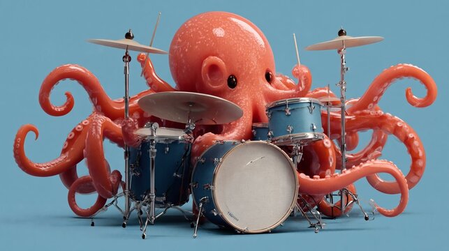 Cartoon octopus character playing blue drum set with multiple tentacles on a solid light blue background, showcasing a whimsical and playful design