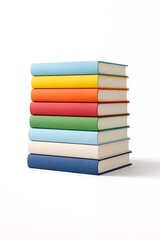 Fototapeta premium A vibrant stack of eight hardcover books, each with a different colored spine, neatly arranged on a clean white background.