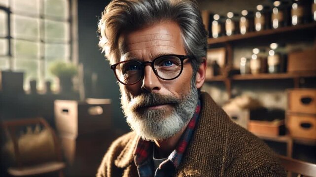 Video of elderly man with gray hair beard and glasses wearing jacket in cinematic portrait style