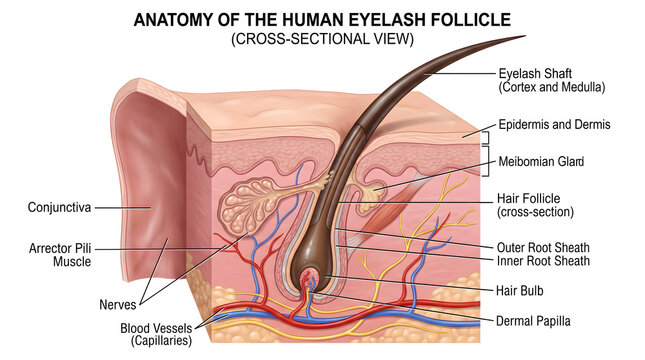 Anatomy of the human eyelash follicle in cross‑section depicting eyelid edge with conjunctiva, epidermis and dermis, Meibomian gland, hair bulb, dermal papilla, inner and outer root sheaths, arrector 