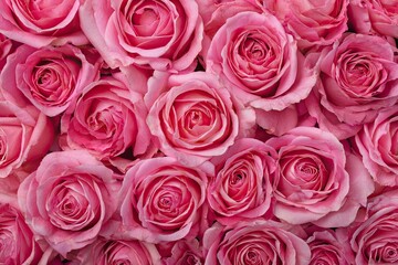 Fototapeta premium A vibrant and densely packed arrangement of pink roses creates a visually stunning floral display, showcasing their delicate petals and intricate forms.