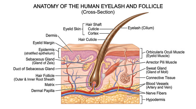 Cross‑sectional anatomy of the human eyelash and follicle showing eyelid skin, dermis, hair shaft with cuticle, cortex and medulla, hair bulb and dermal papilla, sebaceous glands, Meibomian glands, ar