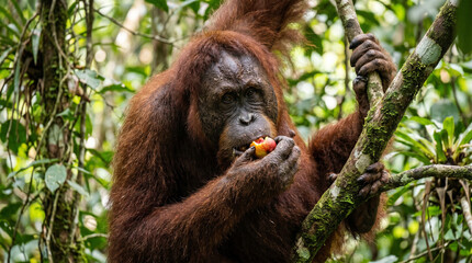Close up of a Sumatran Orangutans (pongo pygmaeus) is climbing and eating fig fruit in rainforest, Sumatra, Indonesia.  © pinan