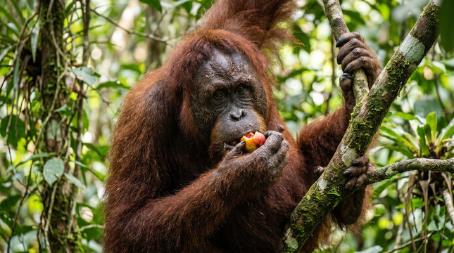 Close up of a Sumatran Orangutans (pongo pygmaeus) is climbing and eating fig fruit in rainforest, Sumatra, Indonesia. 