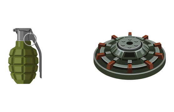 Vector illustration of a hand grenade and a landmine