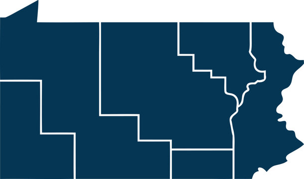 Blue pennsylvania state region map with white dashed grid lines vector flat illustration.