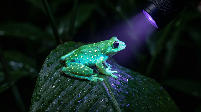 Polka dot tree frog (Hypsiboas punctatus). Its absorbing ultraviolet light and glow in the dark, Amazon rainforest, Brazil.
