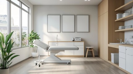 Fototapeta premium A modern medical room features a white examination table with wheels, a wooden shelving unit, and a window overlooking a city skyline. A potted plant sits on the floor.