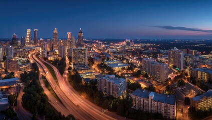 Obraz premium An elevated view captures the vibrant cityscape of Atlanta at twilight, showcasing illuminated skyscrapers and flowing traffic along a prominent highway.