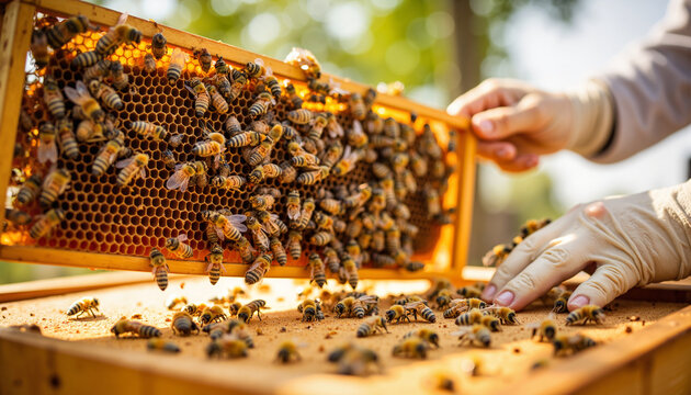 Beekeeper inspecting honeycomb frame with bees, nature's productivity