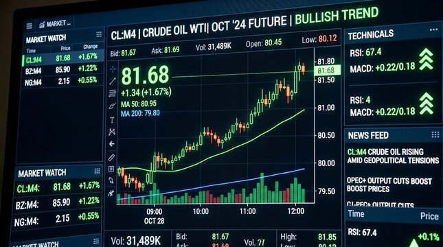 Digital stock market screen displaying &ldquo;Crude Oil Future&rdquo; text, rising price chart, glowing indicators, financial data streams, bullish trend concept