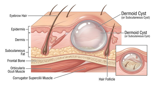 Sagittal cross‑section of the eyebrow region showing skin layers, hair follicles, subcutaneous fat, frontal bone, corrugator supercilii muscle and a large dermoid (subcutaneous) cyst bulging beneath t
