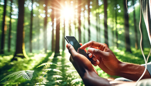 Hands Holding Smartphone in Bright, Sunlit Forest Close-Up
