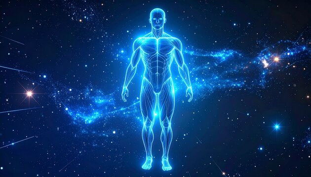 A glowing blue digital human figure stands upright against a cosmic backdrop of stars and radiant light patterns. Semi-transparent, the body reveals outlines of muscles and structure, resembling a fut