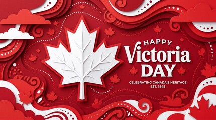 Happy Victoria Day Canada Greeting with Red Paper Cut Maple Leaf and Festive Layered Background Vector