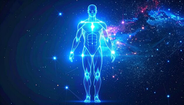 A glowing blue digital human figure stands upright against a cosmic backdrop of stars and radiant light patterns. Semi-transparent, the body reveals outlines of muscles and structure, resembling a fut