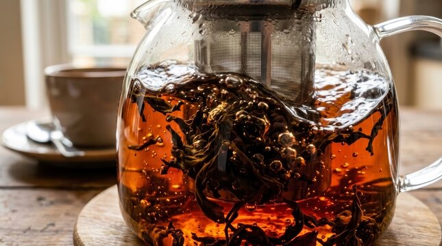 Hot tea brewing in a glass teapot with a cup in the background on a wooden table.