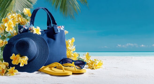 A vibrant beach scene showcases a blue tote bag, straw hat, yellow flip-flops, and sunglasses adorned with bright yellow flowers against a backdrop of turquoise water and a sandy shore.