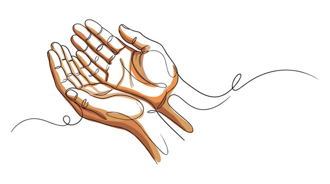 Continuous line art drawing of praying human hands in a minimalist style.