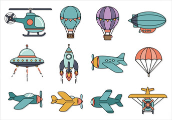 Vintage Aviation and Aircraft Icons Set: Retro Airplanes, Helicopters, Rockets, and Hot Air Balloons Illustrations © Noble
