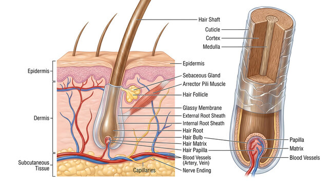 Anatomy of skin and hair follicle showing epidermis, dermis and subcutaneous tissue with associated sebaceous gland, arrector pili muscle, capillary network plus longitudinal hair shaft cutaway reveal