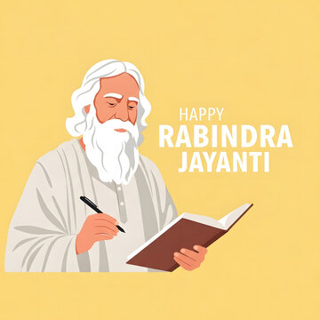 Happy Rabindra Jayanti Illustration of Rabindranath Tagore Writing. AI Generated