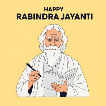 Happy Rabindra Jayanti Illustration of Rabindranath Tagore Writing. AI Generated