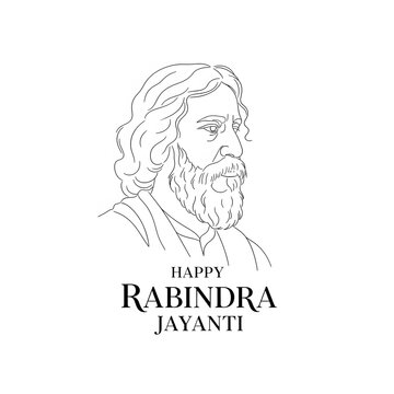 Happy Rabindra Jayanti Line Art Illustration of Rabindranath Tagore. AI Generated