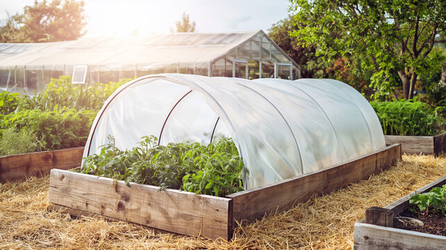 A small greenhouse tunnel in a garden with plants and trees surrounding it
