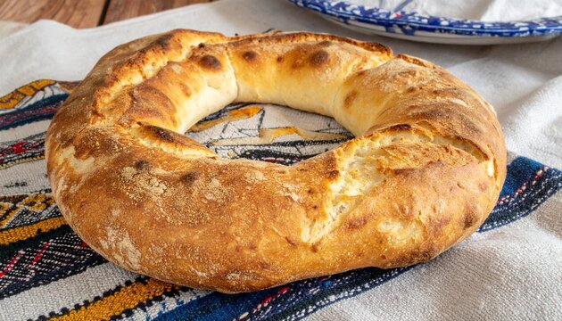 Moroccan khobz bread round rustic crust on traditional cloth