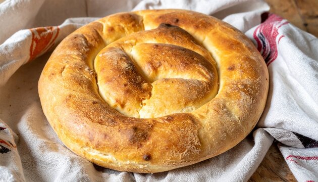 Moroccan khobz bread round rustic crust on traditional cloth