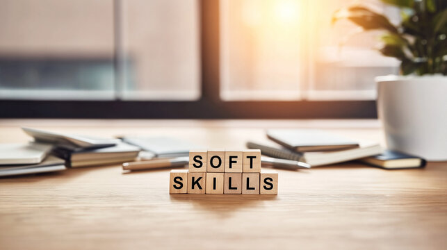 A wooden desk with soft skills blocks and office supplies in a bright room