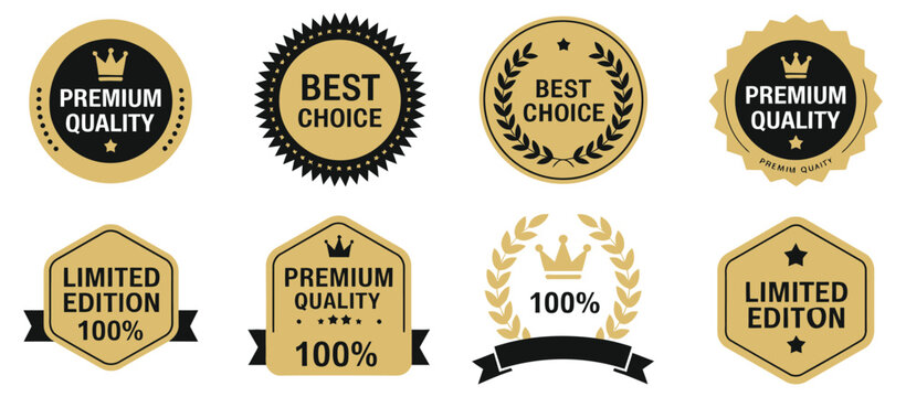 Premium Quality Badge Icons Set, Golden Seals, Best Choice Labels, Limited Edition Marks, And Guarantee Emblems In Luxury Style, Ideal For Ecommerce, Packaging, Branding, Certification