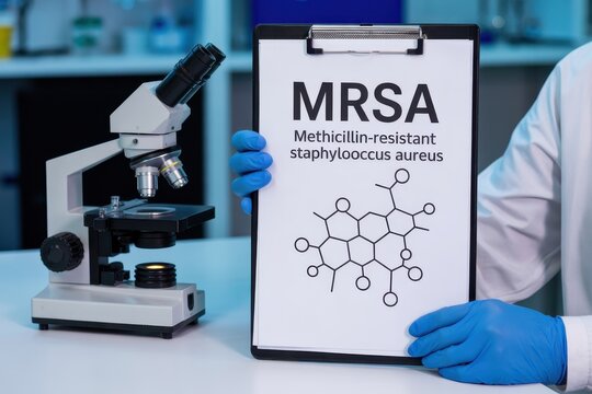 Scientist holding a clipboard with MRSA information and chemical structure
