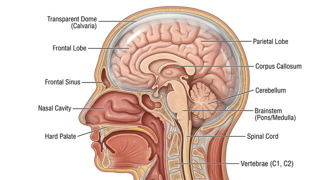 Human head sagittal view with transparent skull dome showing frontal and parietal lobes, corpus callosum, cerebellum, brainstem, frontal sinus, nasal cavity and hard palate for clear visualization of 