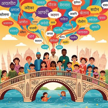 Diverse group of people standing on a bridge with colorful speech bubbles in Hindi script.