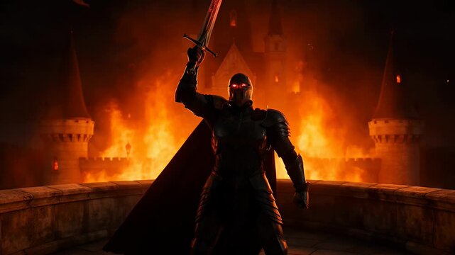 Dark Warrior Knight Raises Fiery Sword Against Burning Castle Fortress