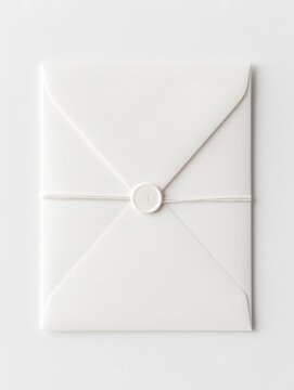 Minimal white envelope with button and string closure on white background, flat lay mockup with copy space for wedding invitation, stationery or branding.