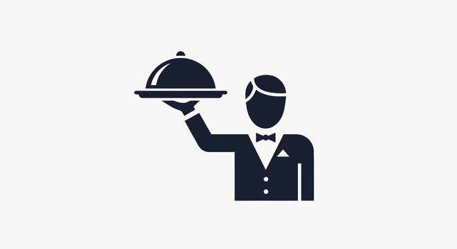 Graphic vector of waiter serving dish on tray wearing suit and bow tie in clean minimalist style on white background
