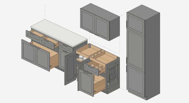 Isometric kitchen cabinet set render featuring gray cabinetry with natural wood interiors and modern hardware in exploded view for design visualization